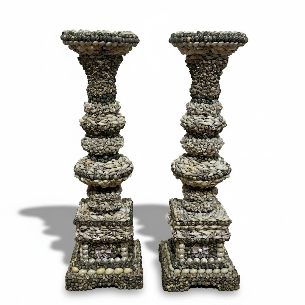 Folk Art Sailor's Shellwork Candlesticks